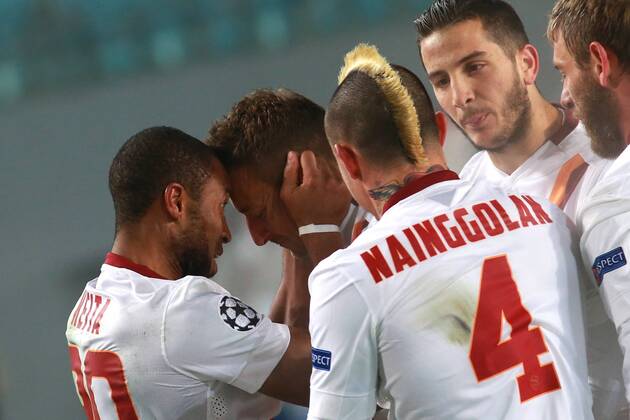 November 25, 2014. Russia, Khimki, arena New Khimki. Roma s players celebrate scoring a goal in the 2014 15 UEFA Champions League s group stage match between CSKA (Moscow, Russia) and AS Roma (Rome, Italy) DmitryxGolubovich 