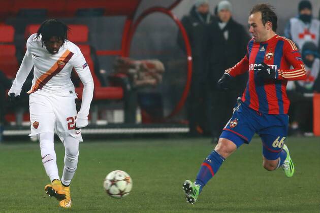November 25, 2014. Russia, Khimki, arena New Khimki. CSKA s player Bibras Natkho and Roma s player Kouassi Gervinho in the 2014 15 UEFA Champions League s group stage match between CSKA (Moscow, Russia) and AS Roma (Rome, Italy) DmitryxGolubovich 
