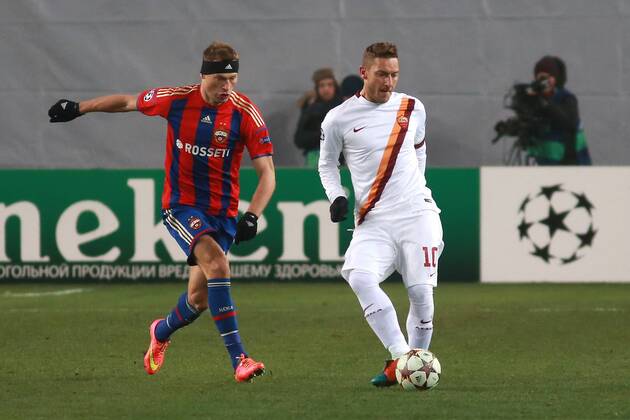 November 25, 2014. Russia, Khimki, arena New Khimki. CSKA s player Vasily Berezutsky and Roma s player Francesco Totti in the 2014 15 UEFA Champions League s group stage match between CSKA (Moscow, Russia) and AS Roma (Rome, Italy) DmitryxGolubovich 