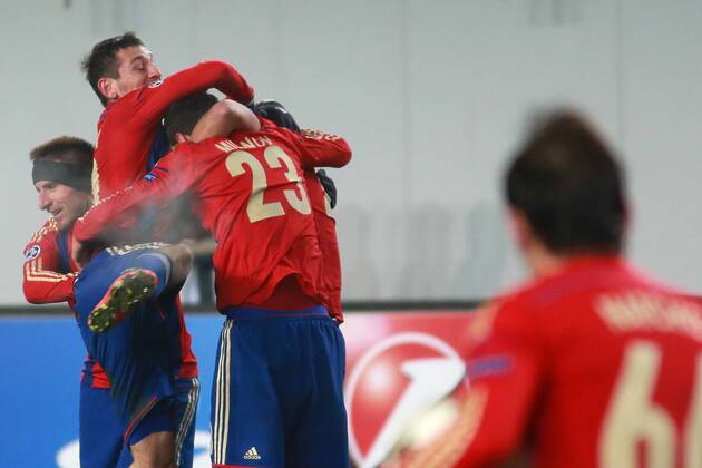 November 25, 2014. Russia, Khimki, arena New Khimki. CSKA s players celebrate scoring a goal in the 2014 15 UEFA Champions League s group stage match between CSKA (Moscow, Russia) and AS Roma (Rome, Italy) DmitryxGolubovich 