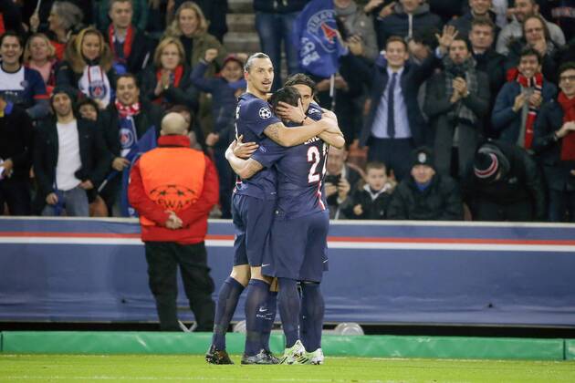 Edinson Roberto Paulo Cavani Gomez (psg) (El Matador) (El Botija) (Florestan) Joie, But, Zlatan Ibrahimovic (psg), Ezequiel Ivan Lavezzi (psg) (Pocho) FOOTBALL : PSG vs Ajax Amsterdam - Ligue des Champions - 25 11 2014 StephaneAllaman Panoramic 