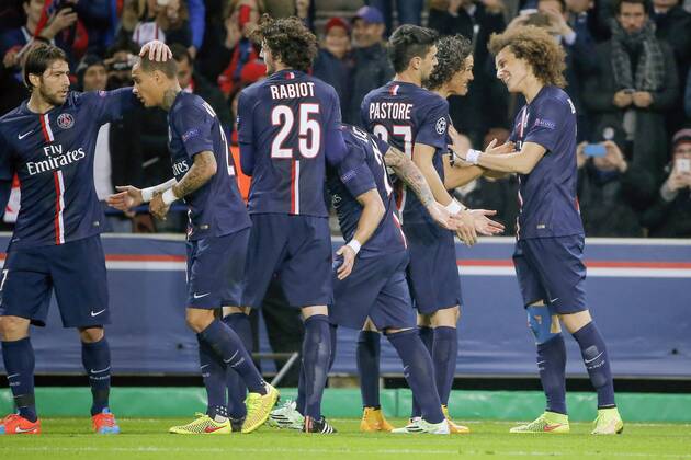 Edinson Roberto Paulo Cavani Gomez (psg) (El Matador) (El Botija) (Florestan) Joie, But, David Luiz Moreira Marinho (psg), Javier Matias Pastore (psg), Adrien Rabiot (psg), Gregory Van Der Wiel (psg), FOOTBALL : PSG vs Ajax Amsterdam - Ligue des Champions - 25 11 2014 StephaneAllaman Panoramic 