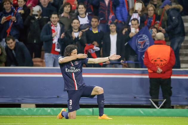 Edinson Roberto Paulo Cavani Gomez (psg) (El Matador) (El Botija) (Florestan) Joie, But FOOTBALL : PSG vs Ajax Amsterdam - Ligue des Champions - 25 11 2014 StephaneAllaman Panoramic 