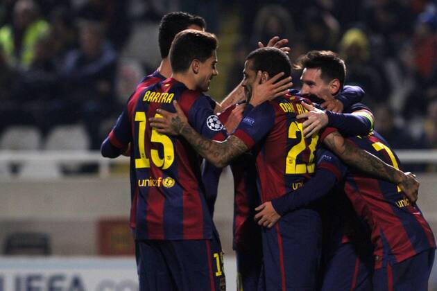 Aktuell Fussball, Champions League, Apoel Nikosia - FC Barcelona Barcelona s players celebrate a goal during their UEFA Champions League group F football match against Apoel at GSP Stadium in the Cypriot capital Nicosia on November 25, 2014.