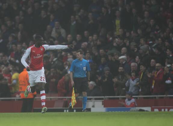 26.11.2014. London, England. Champions League Group Stage. Arsenal versus Borussia Dortmund. Arsenal s Yaya Sanogo celebrates his goal. xNigelxCookex  ActionPlus11579331