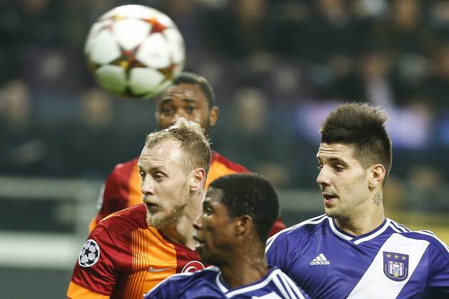 - BRUSSELS, BELGIUM: Galatasaray s Semih Kaya, Anderlecht s Ibrahima Conte and Anderlecht s Alexandar Mitrovic fight for the ball during a game between Belgian soccer team RSCA Anderlecht and Turkish team Galatasaray, in Brussels, in the Constant Vanden Stock stadium, Wednesday 26 November 2014, on the fifth day of the group stage of the UEFA Champions League competition, in group D. THIERRYxROGE  x04509552x