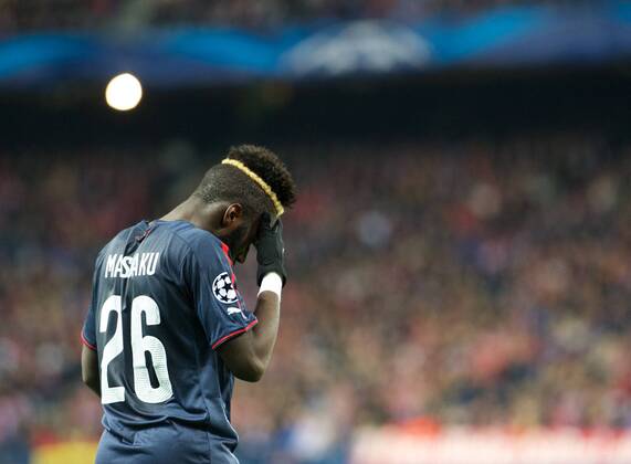 OLYMPIACOS Defender, Arthur Masuaku - ARTHUR MASUAKU, number 26 . Round 5 of the CHAMPIONS league, soccer match between Atletico de Madrid - OLYMPIACOS at the Vicente Calderon stadium, Madrid - Spain by November 26, 2014. . 