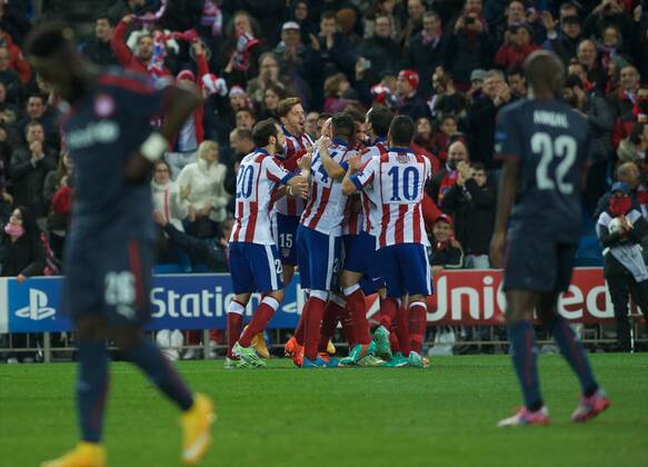 Atletico de Madrid Forward, Mario Mandzukic - MANDZUKIC, number 9 celebrates after scoring a goal (4,0). Round 5 of the CHAMPIONS league, soccer match between Atletico de Madrid - OLYMPIACOS at the Vicente Calderon stadium, Madrid - Spain by November 26, 2014. . 