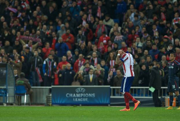 Atletico de Madrid Forward, Mario Mandzukic - MANDZUKIC, number 9 celebrates after scoring a goal (4,0). Round 5 of the CHAMPIONS league, soccer match between Atletico de Madrid - OLYMPIACOS at the Vicente Calderon stadium, Madrid - Spain by November 26, 2014. . 