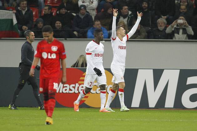 Lucas Ocampos (AS Monaco 11) beim Torjubel nach dem Treffer zum 1:0 Bayer 04 Leverkusen vs AS Monaco, Fussball, Champions-League, 26.11.2014 , EP_JSE