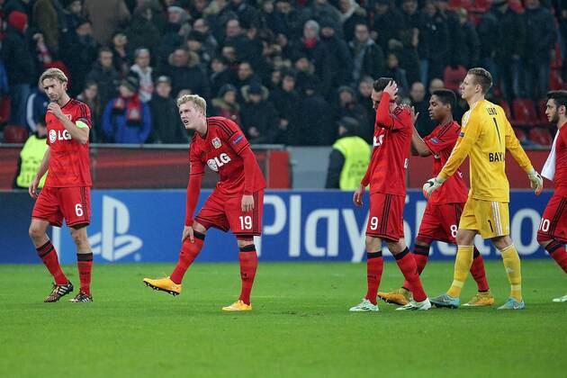 26.11.2014, xovx, Fussball UEFA Champions League, Bayer Leverkusen - AS Monaco, Enttaeuschung bei den Spielern von Bayer Leverkusen nach der Niederlage gegen Monaco, Freisteller.