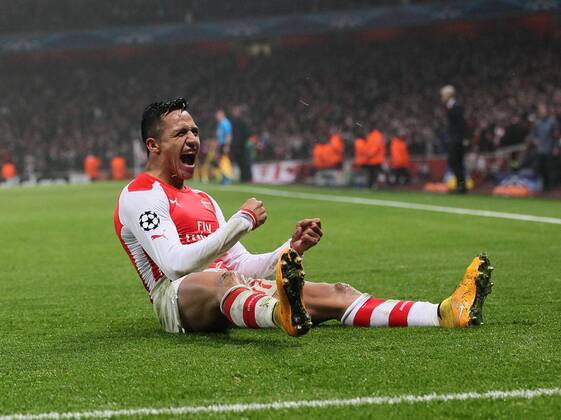 Arsenal s Alexis Sanchez celebrates scoring his sides second goal UEFA Champions League- Arsenal vs Borussia Dortmund- Emirates Stadium - England - 26th November 2014 - EDITORIAL USE ONLY. No use with unauthorised audio, video, data, fixture lists, club league logos or live services. Online in-match use limited to 120 images, no video emulation. No use in betting, games or single club league player publications.