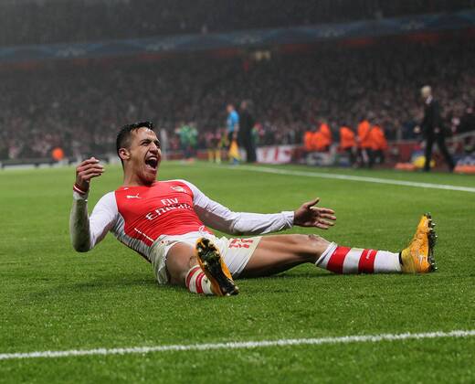 Arsenal s Alexis Sanchez celebrates scoring his sides second goal UEFA Champions League- Arsenal vs Borussia Dortmund- Emirates Stadium - England - 26th November 2014 - EDITORIAL USE ONLY. No use with unauthorised audio, video, data, fixture lists, club league logos or live services. Online in-match use limited to 120 images, no video emulation. No use in betting, games or single club league player publications.