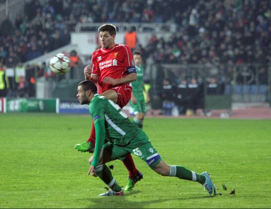 26.11.2014. Sofia, Bulgaria. Champions League Group Stage. PFC Ludogorets Razgrad versus FC Liverpool. Georgi TERZIEV (Razgrad) challenged by Steven GERRARD (FC Liverpool) xWolfgangxFehrmannx  ActionPlus11579481