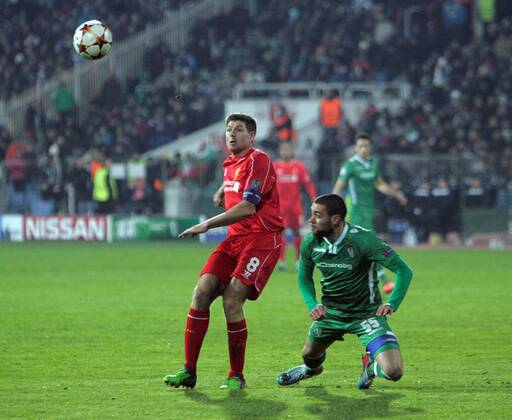 26.11.2014. Sofia, Bulgaria. Champions League Group Stage. PFC Ludogorets Razgrad versus FC Liverpool. Steven GERRARD (FC Liverpool) challenges Georgi TERZIEV (Razgrad) xWolfgangxFehrmannx  ActionPlus11579482