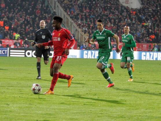 26.11.2014. Sofia, Bulgaria. Champions League Group Stage. PFC Ludogorets Razgrad versus FC Liverpool. Raheem STERLING (FC Liverpool) breaks forward to supply the pass for Henderson to make it 2:1 for FC Liverpool. xWolfgangxFehrmannx  ActionPlus11579483