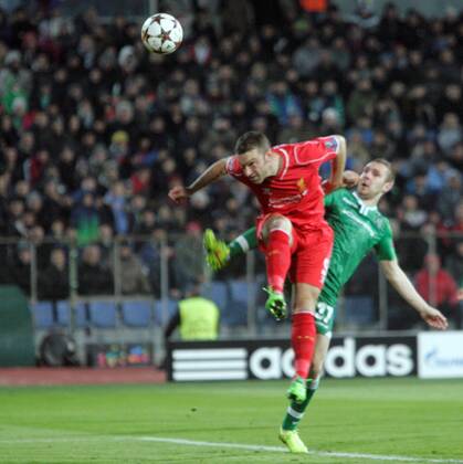 26.11.2014. Sofia, Bulgaria. Champions League Group Stage. PFC Ludogorets Razgrad versus FC Liverpool. Rickie LAMBERT (FC Liverpool) breaks away from Cosmin MOTI (Razgrad) and scores for 1-1. xWolfgangxFehrmannx  ActionPlus11579485
