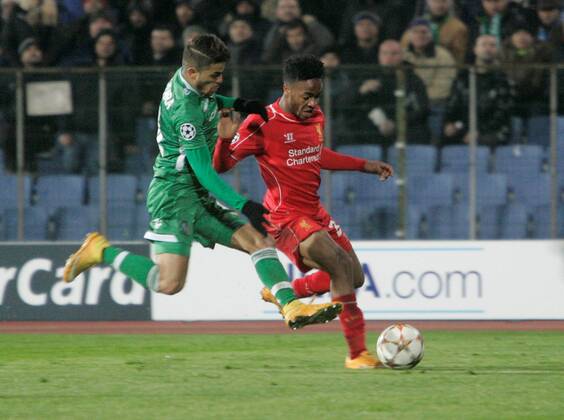26.11.2014. Sofia, Bulgaria. Champions League Group Stage. PFC Ludogorets Razgrad versus FC Liverpool. Paula JUNIOE (Razgrad) and Raheem STERLING (FC Liverpool) xWolfgangxFehrmannx  ActionPlus11579488