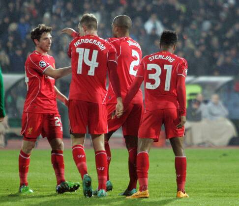 26.11.2014. Sofia, Bulgaria. Champions League Group Stage. PFC Ludogorets Razgrad versus FC Liverpool. Celebration from the FC Liverpool players after the Henderson goal for 2:1 in the 37th minute xWolfgangxFehrmannx  ActionPlus11579490
