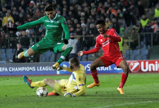 26.11.2014. Sofia, Bulgaria. Champions League Group Stage. PFC Ludogorets Razgrad versus FC Liverpool. Paula JUNIOE (Razgrad) and goalkeeper Vladislav STOYANOV (Razgrad) stop Raheem STERLING (FC Liverpool) from getting closer to the goal xWolfgangxFehrmannx  ActionPlus11579491