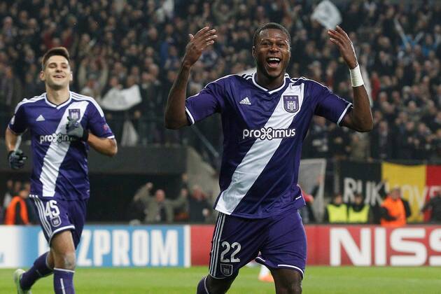 Chancel Mbemba of RSC Anderlecht celebrating his second goal FOOTBALL : RSC Anderlecht vs Galatasaray - Ligue des Champions - 26 11 2014 PhotoNews Panoramic 