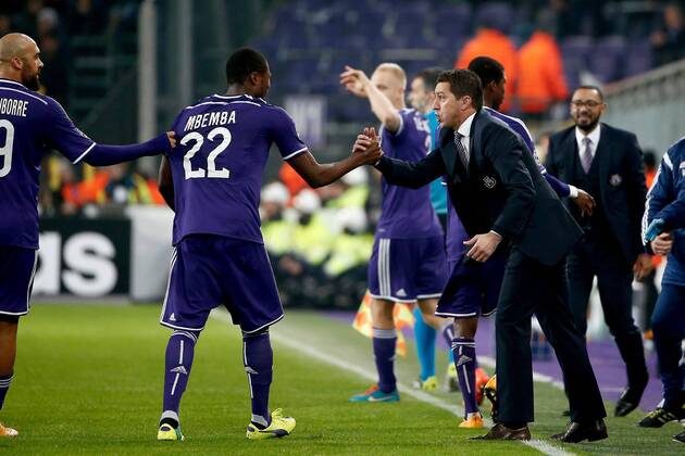Chancel Mbemba of RSC Anderlecht celebrating his second goal with FOOTBALL : RSC Anderlecht vs Galatasaray - Ligue des Champions - 26 11 2014 PhotoNews Panoramic 
