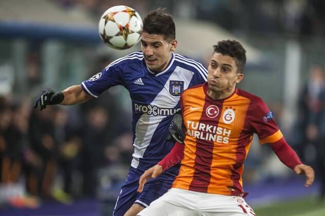 Anderlecht , Belgium November , 26 2014 Football Champions League Qualification Round Group D Constant Vanden Stock Stadium Brussels RSC Anderlecht vs Galatasaray AS On this picture : Aleksandar Mitrovic Alex Telles MichelxGouverneur xxGOUVE 