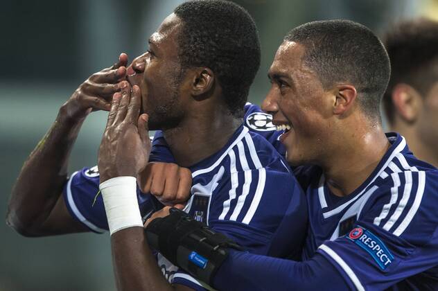 Anderlecht , Belgium November , 26 2014 Football Champions League Qualification Round Group D Constant Vanden Stock Stadium Brussels RSC Anderlecht vs Galatasaray AS On this picture : Chancel Mbemba Youri Tielemans MichelxGouverneur xxGOUVE 