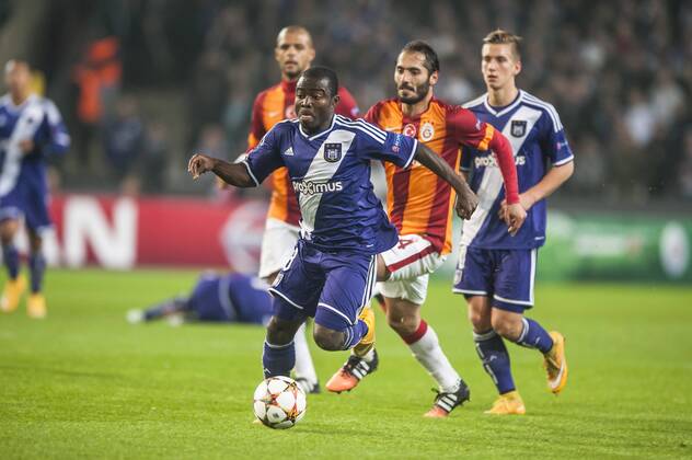 Anderlecht , Belgium November , 26 2014 Football Champions League Qualification Round Group D Constant Vanden Stock Stadium Brussels RSC Anderlecht vs Galatasaray AS On this picture : Frank Acheampong Hamit Altintop MichelxGouverneur xxGOUVE 
