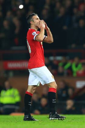 Robin van Persie of Manchester United celebrates scoring the third goal - Manchester United (ManU) vs. Hull City - Barclay s Premier League - Old Trafford - Manchester - 29 11 2014 - EDITORIAL USE ONLY. No use with unauthorised audio, video, data, fixture lists, club league logos or live services. Online in-match use limited to 120 images, no video emulation. No use in betting, games or single club league player publications.