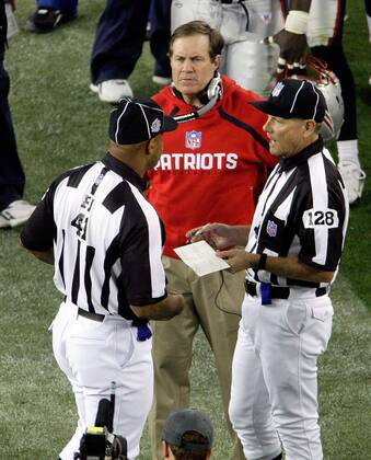 Feb. 3, 2008 - New England Patriots head coach Bill Belichick successfully challenges a play in the third qurter of Super Bowl XLII at University of Phoenix Stadium in Glendale, Arizona, on Sunday, February 3, 2008. (Mark Cornelison MCT) News Archive - Feb. 3, 2008 - ZUMAm67_