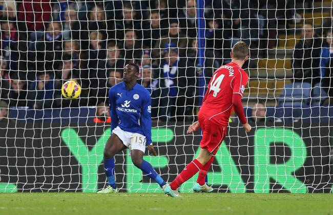 Liverpool s Jordan Henderson sscoring his sides third goal Barclays Premier League- Leicester City vs Liverpool - King Power Stadium - England - 2nd November 2014 - Picture David Klein Sportimage EDITORIAL USE ONLY. No use with unauthorised audio, video, data, fixture lists, club league logos or live services. Online in-match use limited to 120 images, no video emulation. No use in betting, games or single club league player publications.