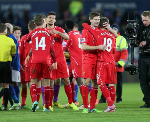 Liverpool s Steven Gerrard celebrates at the final whistle Barclays Premier League- Leicester City vs Liverpool - King Power Stadium - England - 2nd November 2014 - Picture David Klein Sportimage EDITORIAL USE ONLY. No use with unauthorised audio, video, data, fixture lists, club league logos or live services. Online in-match use limited to 120 images, no video emulation. No use in betting, games or single club league player publications.