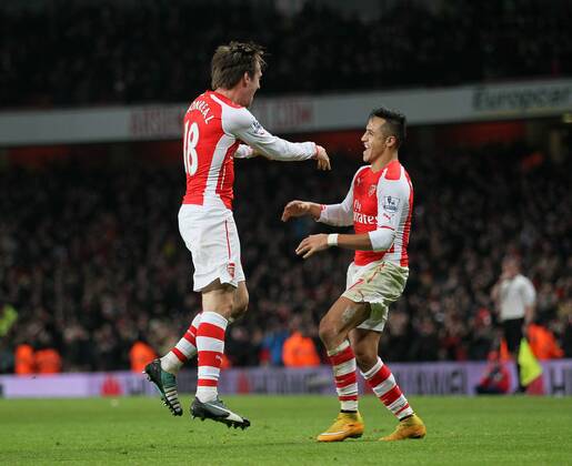Arsenal s Alexis Sanchez celebrates scoring his sides opening goal Barclays Premier League- Arsenal vs Southampton - Emirates Stadium - England - 3rd December 2014 - Picture David Klein Sportimage EDITORIAL USE ONLY. No use with unauthorised audio, video, data, fixture lists, club league logos or live services. Online in-match use limited to 120 images, no video emulation. No use in betting, games or single club league player publications.