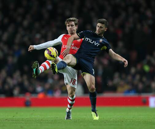 Arsenal s Nacho Monreal tussles with Southampton s Shane Long Barclays Premier League- Arsenal vs Southampton - Emirates Stadium - England - 3rd December 2014 - Picture David Klein Sportimage EDITORIAL USE ONLY. No use with unauthorised audio, video, data, fixture lists, club league logos or live services. Online in-match use limited to 120 images, no video emulation. No use in betting, games or single club league player publications.