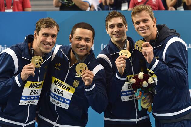 BRAZIL Gold Medal 4x100m Medley Relay Doha Qatar 07-12-2014 Hamad Aquatic Centre, 12th FINA World Swimming Championships (25m). andreaxstaccioli