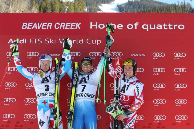 ALPINE SKIING - FIS WC Beaver Creek BEAVER CREEK,COLORADO,USA,07.DEC.14 - ALPINE SKIING - FIS World Cup, giant slalom men, award ceremony. Image shows the rejoicing of Alexis Pinturault (FRA), Ted Ligety (USA) and Marcel Hirscher (AUT).