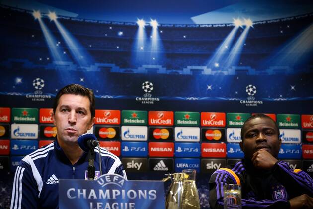 Aktuell Fußball, Champions League, PK RSC Anderlecht - DORTMUND, GERMANY: Anderlecht s head coach Besnik Hasi and Anderlecht s Frank Acheampong pictured during a press conference PK Pressekonferenz of Belgian team RSC Anderlecht, in Dortmund Signal Iduna Park stadium, Germany, Monday 08 December 2014. Anderlecht will play Tomorrow against German Borussia Dortmund on the last day of the group stage of the UEFA Champions League competition, in the group D. VIRGINIExLEFOUR  x04517867x