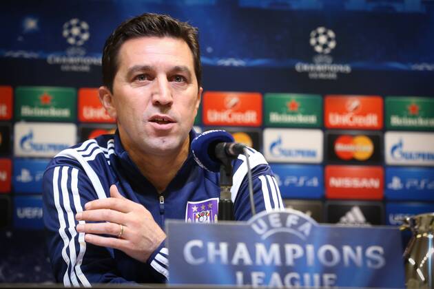 Aktuell Fußball, Champions League, PK RSC Anderlecht - DORTMUND, GERMANY: Anderlecht s head coach Besnik Hasi pictured during a press conference PK Pressekonferenz of Belgian team RSC Anderlecht, in Dortmund Signal Iduna Park stadium, Germany, Monday 08 December 2014. Anderlecht will play Tomorrow against German Borussia Dortmund on the last day of the group stage of the UEFA Champions League competition, in the group D. VIRGINIExLEFOUR  x04517870x