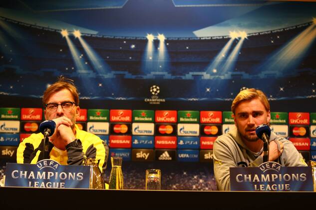 Montag 08.12.2014, Saison 2014 2015, UEFA Champions League, 6. Spieltag im Dortmunder Signal Iduna Park, Pressekonferenz vor dem Spiel BVB Borussia Dortmund - RSC Anderlecht, Jürgen Klopp (Trainer, BVB) und Marcel Schmelzer (BVB), v.l.