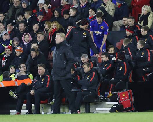Manchester United ManU s Louis Van Gaal looks on as he substitutes Paddy McNair after 38 minutes Barclays Premier League- Southampton vs Manchester United - St Mary s Stadium - England - 8th December 2014 - Picture David Klein Sportimage EDITORIAL USE ONLY. No use with unauthorised audio, video, data, fixture lists, club league logos or live services. Online in-match use limited to 120 images, no video emulation. No use in betting, games or single club league player publications.