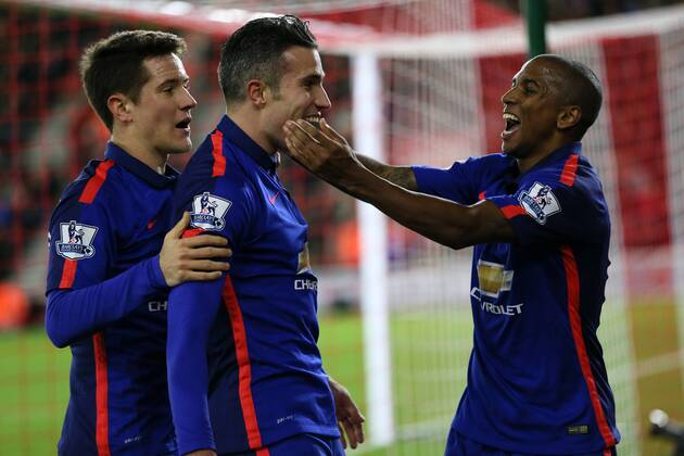 Manchester United ManU s Robin Van Persie celebrates scoring his sides second goal Barclays Premier League- Southampton vs Manchester United - St Mary s Stadium - England - 8th December 2014 - Picture David Klein Sportimage EDITORIAL USE ONLY. No use with unauthorised audio, video, data, fixture lists, club league logos or live services. Online in-match use limited to 120 images, no video emulation. No use in betting, games or single club league player publications.