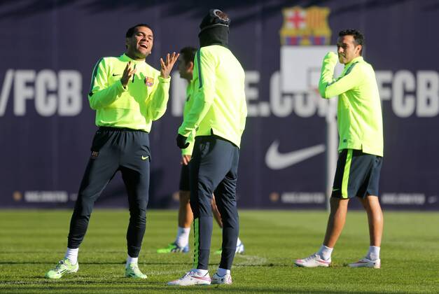 Barcelona, Spain - December -09 BARCELONA SPAIN: Neymar Jr. and Dani Alves in the training held in the sports city of FCB, on 09 December 2014. Champions League: FC Barcelona Barca Training Session  - ZUMAn230
