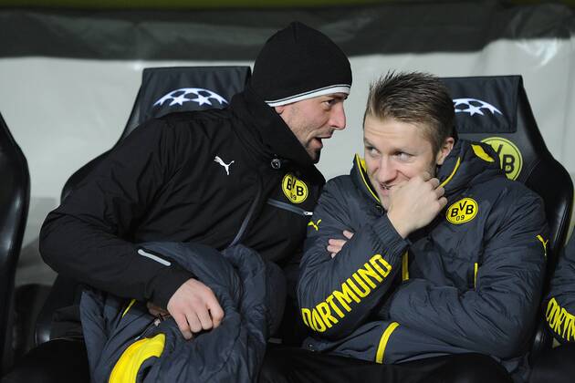 Fußball Champions League Gruppenphase 6. Spieltag Borussia Dortmund - RSC Anderlecht am 09.12.2014 im Signal Iduna Park in Dortmund Roman Weidenfeller ( Dortmund ), links - Jakub Blaszczykowski ( Dortmund ), rechts