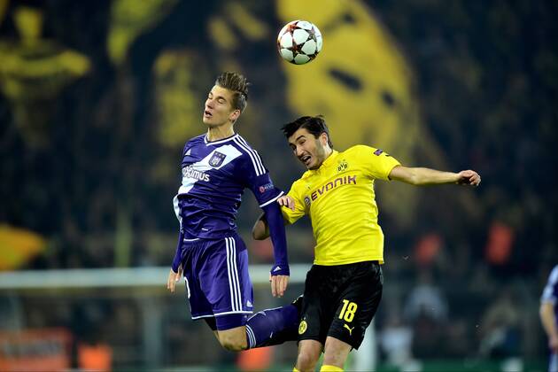 Dennis Praet of RSC Anderlecht vs Nuri Sahin of Borussia Dortmund FOOTBALL : Borussia Dortmund vs RSC Anderlecht - UEFA Champions League 2014 2015 - 09 12 2014 PhotoNews Panoramic 