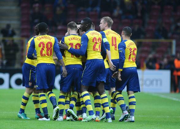 UEFA Champions League Group D match between Galatasaray and Arsenal at Turk Telekom Arena Stadium on December 09, 2014 in Istanbul, Turkey Pictured: Arsenal players celebrates after their second goal. 