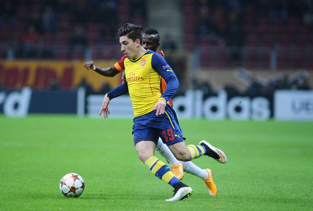 UEFA Champions League Group D match between Galatasaray and Arsenal at Turk Telekom Arena Stadium on December 09, 2014 in Istanbul, Turkey Pictured: Hector Bellerin of Arsenal and Bruma ( back ) of Galatasaray. 