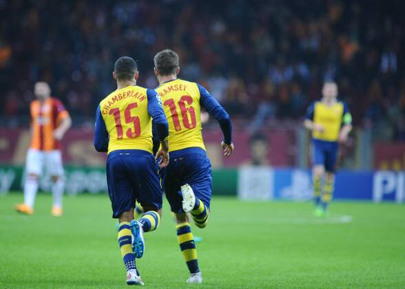 UEFA Champions League Group D match between Galatasaray and Arsenal at Turk Telekom Arena Stadium on December 09, 2014 in Istanbul, Turkey Pictured:Alex Chamberlain and Aaron Ramsey of Arsenal. 