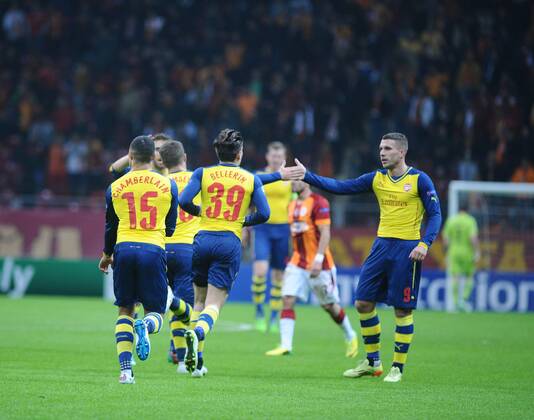 UEFA Champions League Group D match between Galatasaray and Arsenal at Turk Telekom Arena Stadium on December 09, 2014 in Istanbul, Turkey Pictured: Arsenal players celebrates after goal. 