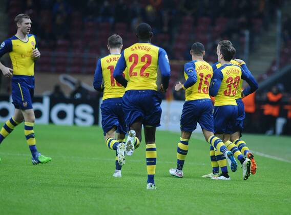 UEFA Champions League Group D match between Galatasaray and Arsenal at Turk Telekom Arena Stadium on December 09, 2014 in Istanbul, Turkey Pictured: Arsenal players celebrates after goal. 